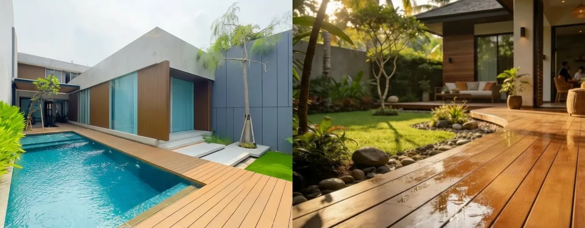Aplikasi decking outdoor motif kayu anti licin di area kolam renang hotel modern