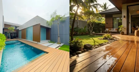 Aplikasi decking outdoor motif kayu anti licin di area kolam renang hotel modern