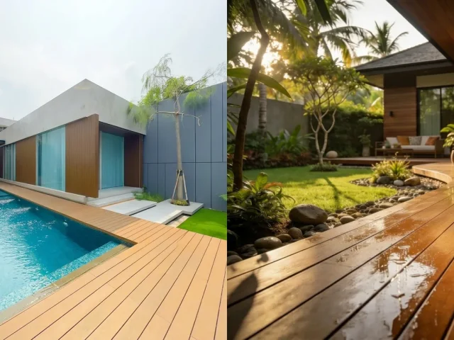 Aplikasi decking outdoor motif kayu anti licin di area kolam renang hotel modern